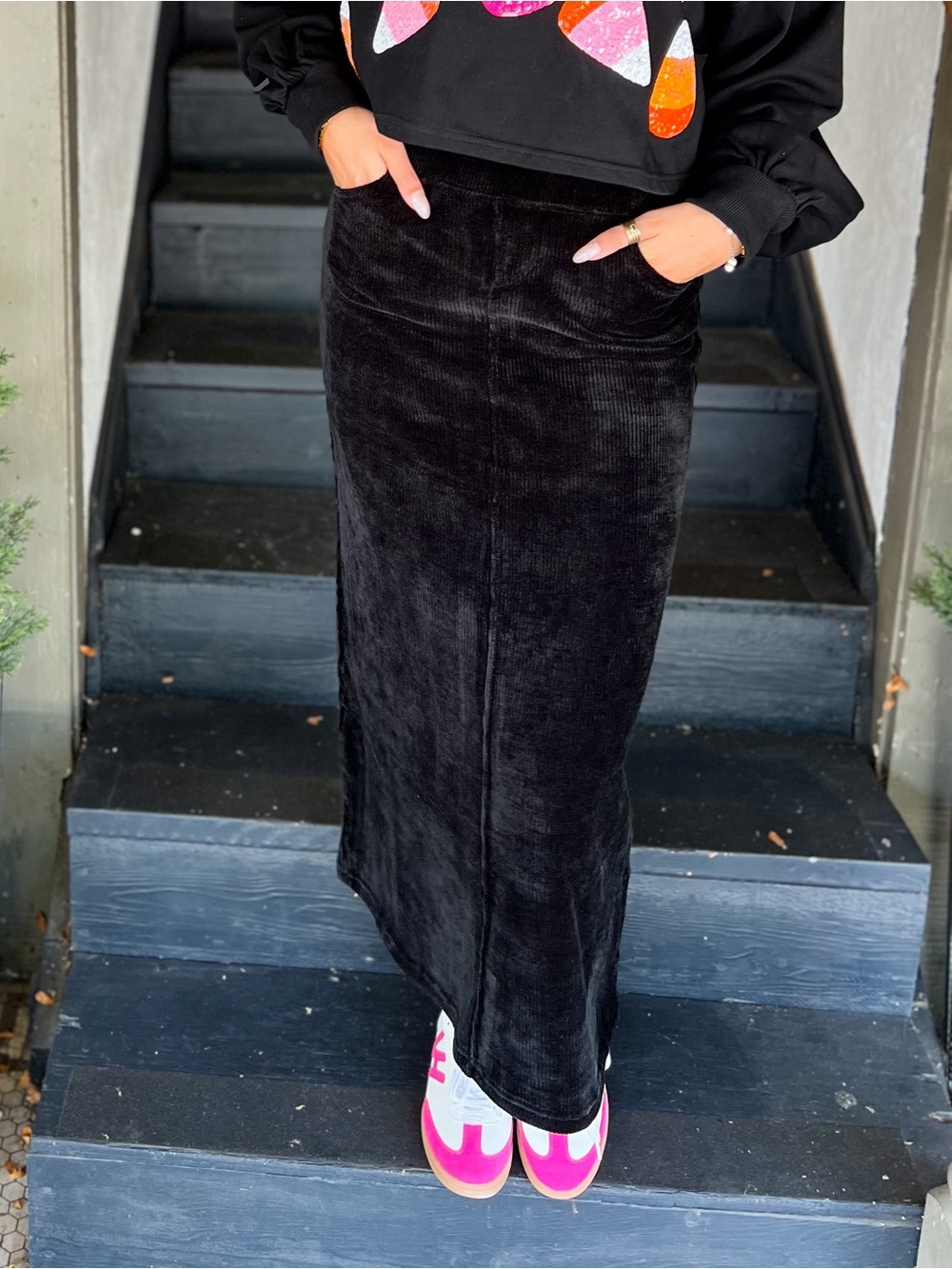 Black Brush Cord Maxi Skirt